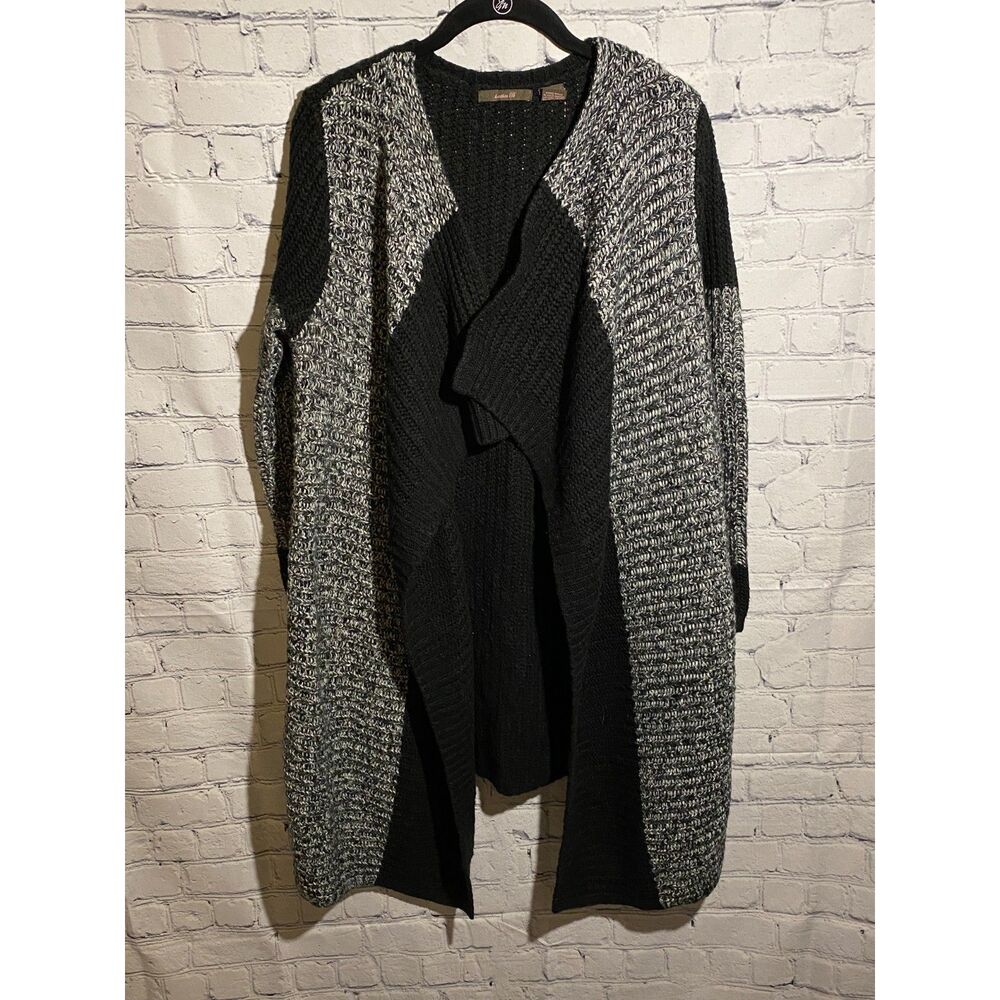 Heather B Open Front Cardigan Sweater Size L Two Tone Black Grey Knit